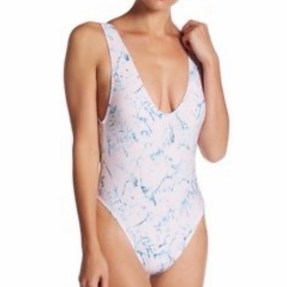 Basta Womens Pink Teal Marble‎ Print One Piece Swimsuit Medium Baywatch Beach